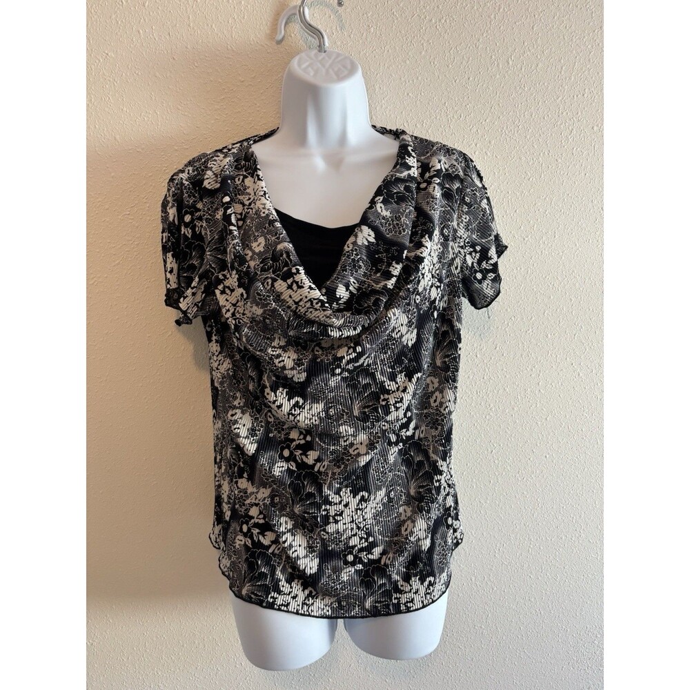 Brittany‎ Black Floral Plissé Cowl Neck Blouse Mock Wrap Top - Women's